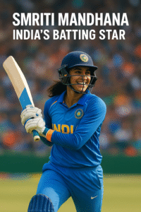 Smriti Mandhana batting during an international cricket match, wearing India’s cricket uniform.