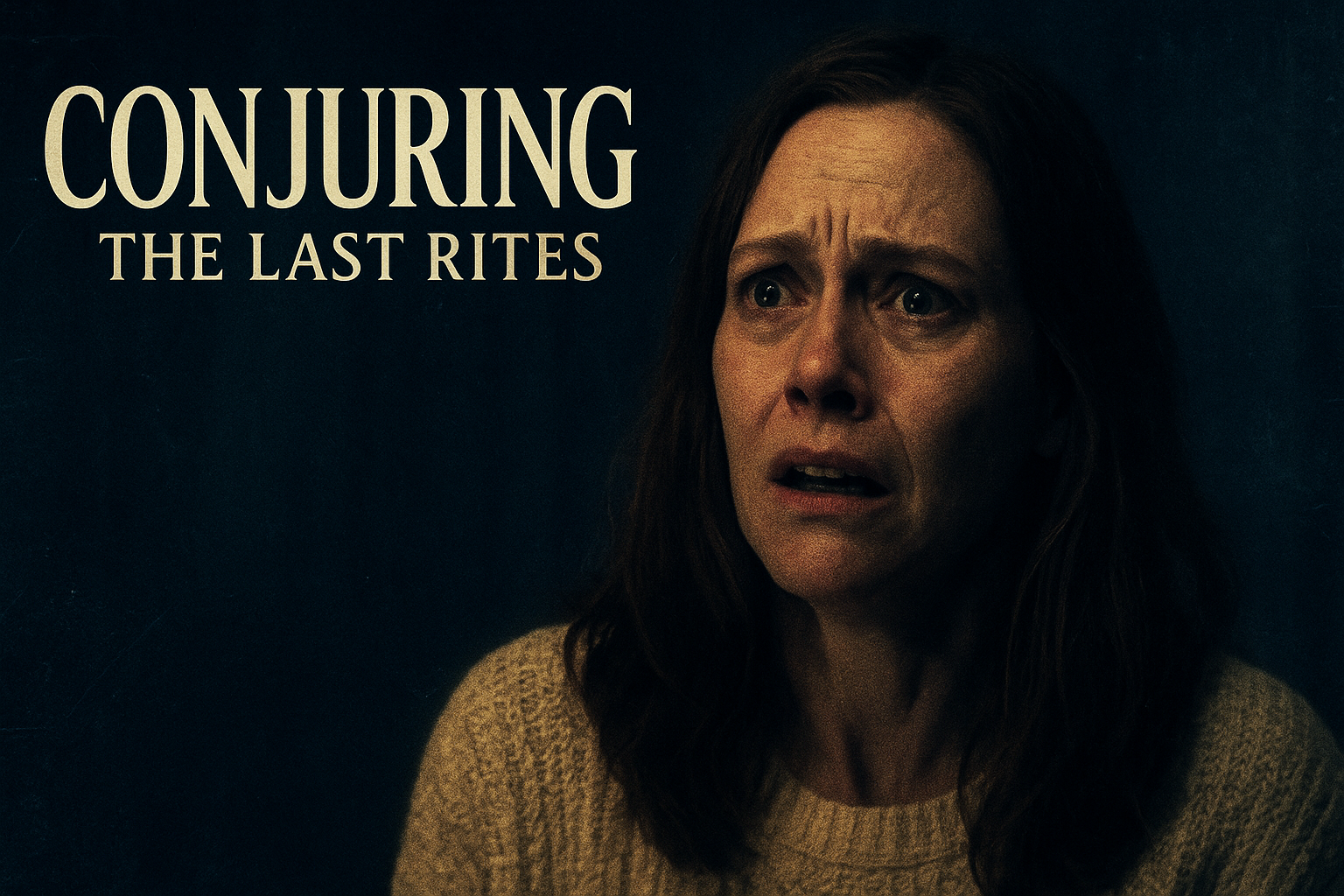 A terrified woman stares into the darkness, featured in the promotional poster of Conjuring The Last Rites.