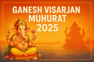"Lord Ganesha image with Ganesh Visarjan Muhurat 2025 text and immersion background"