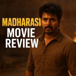 Sivakarthikeyan intense look in Madharasi movie promotional poster with bold text Madharasi Movie Review.