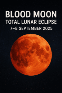 Blood Moon Total Lunar Eclipse 7–8 September 2025 with a vivid red-orange moon against a starry night sky.
