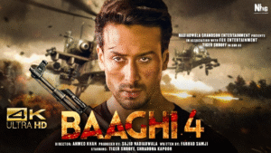 Promotional poster of Baaghi 4 featuring Tiger Shroff in a rugged look with bold Baaghi 4 title on an orange background