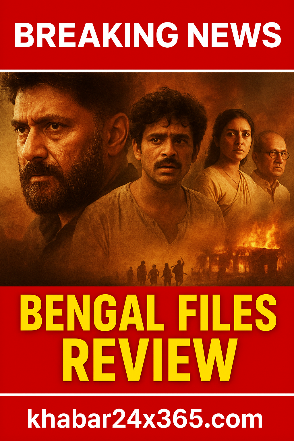 Bengal Files Review movie poster with main cast and burning backdrop in sepia tones