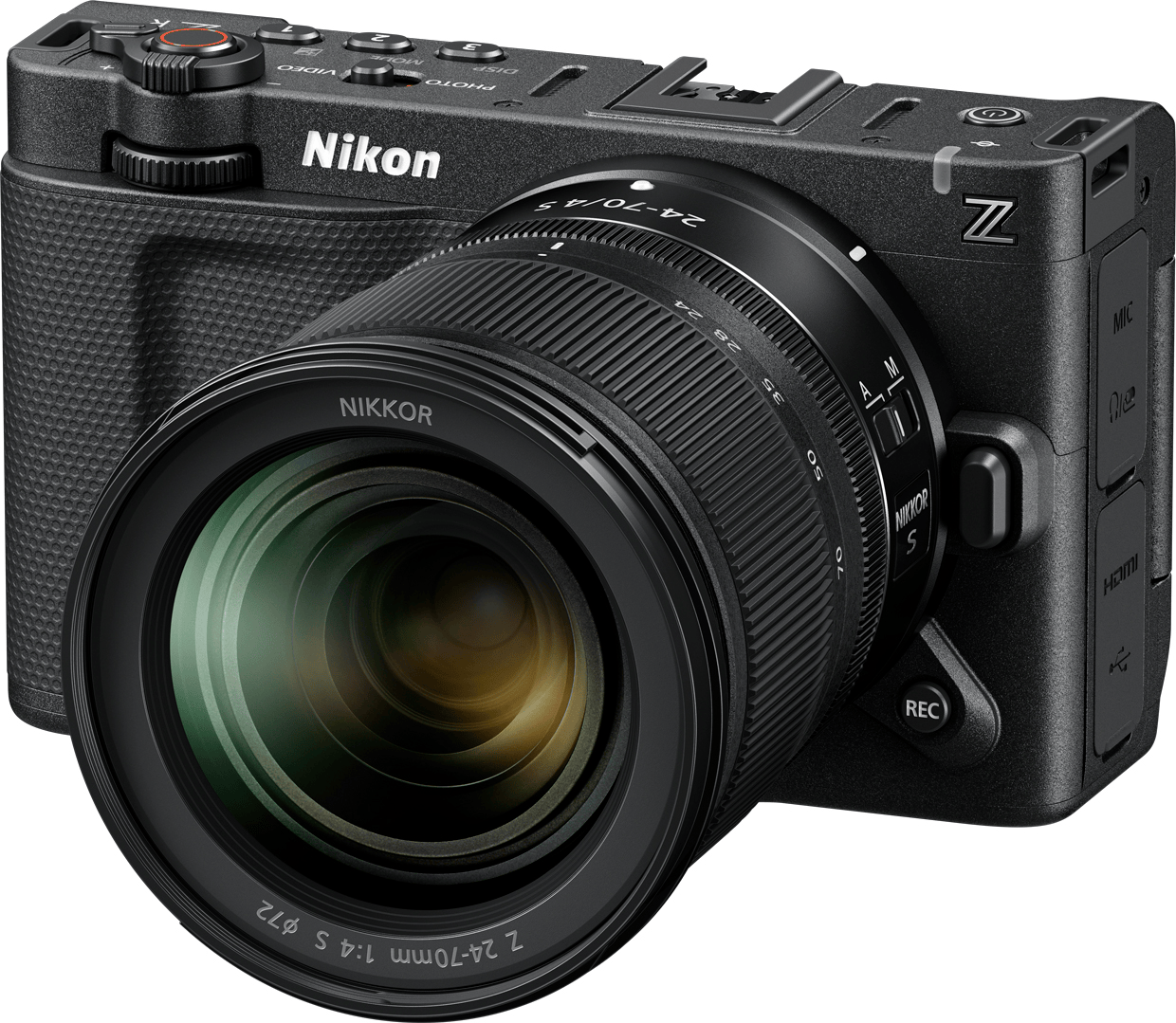 Nikon ZR mirrorless camera with a retro design placed on a wooden table
