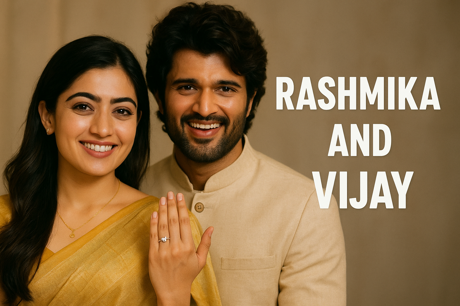 Rashmika Mandanna and Vijay Deverakonda smiling together during their engagement ceremony in Hyderabad, showing her engagement ring.