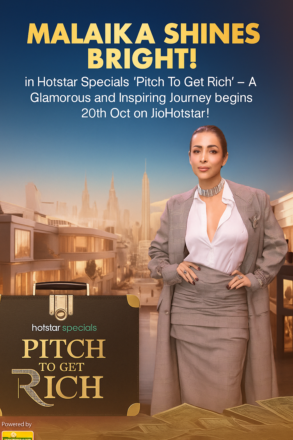 Mallika shines in Hotstar Specials’ “Pitch To Get Rich” promotional poster, wearing a stylish grey outfit with a modern city backdrop, highlighting the upcoming show premiering on October 20th on JioHotstar.