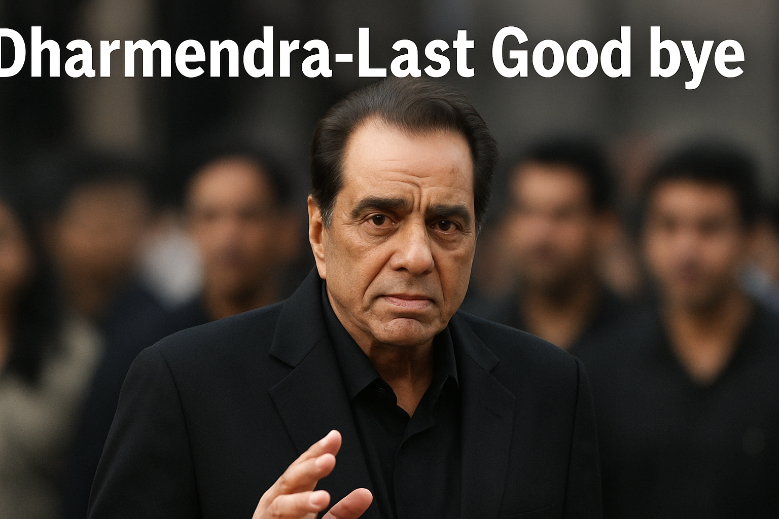 Dharmendra looking emotional in black attire during his final farewell, surrounded by mourners.