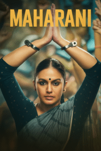 Huma Qureshi raising her hands in a powerful pose with handcuffs in the Maharani series poster